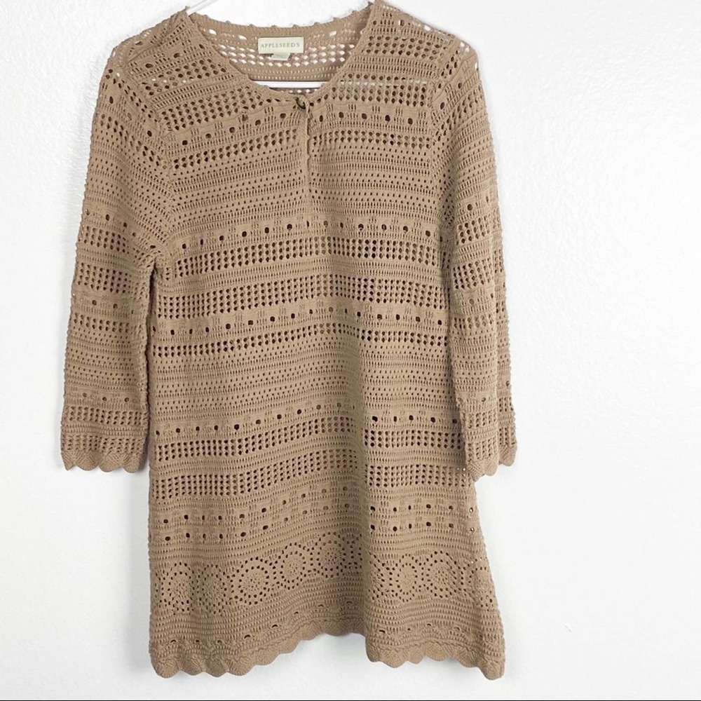 APPLESEED’S Tan Open Knit Tunic Tank Top Small Casual Neutral Boho Cottagecore